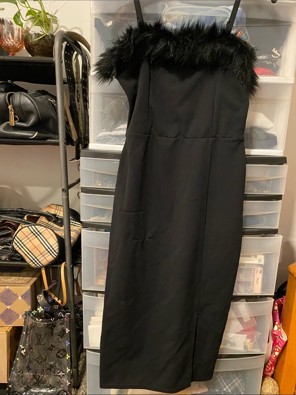 Black Faux-Fur Trim   The fur has buttons to take it off. Midi Dress size medium